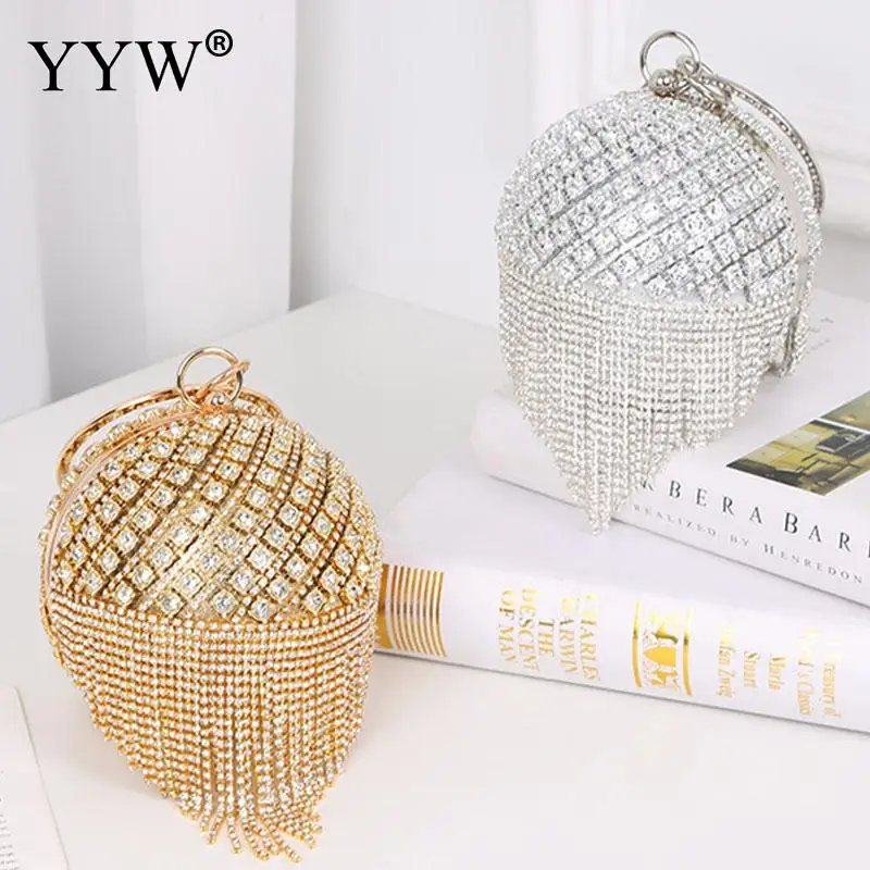 Round Ball Tassel Women Crystal Ring Clutch Evening Bags Luxury Shiny Diamond Wedding Party Wristlets Chain Handbag Lady Purse