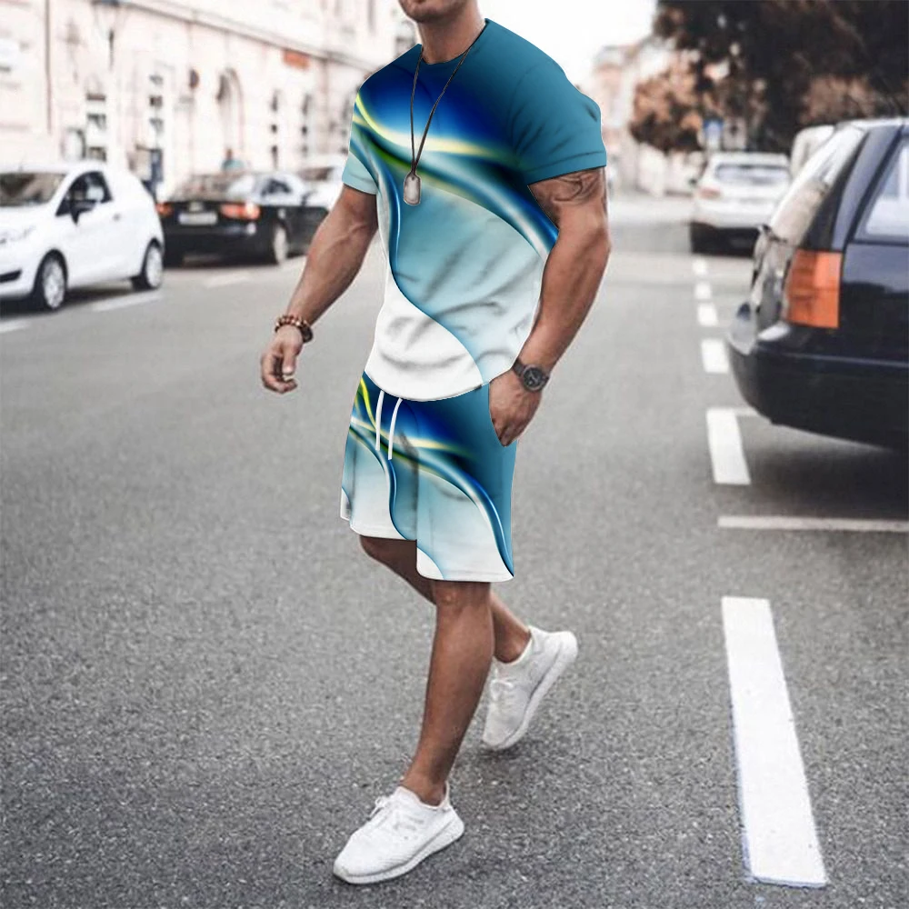

New 2022 High Quality Men's 3D Printing Top Suit Sports Suit T-Shirt + Shorts Solid Color Sportswear Summer 2 Piece Simple Stree