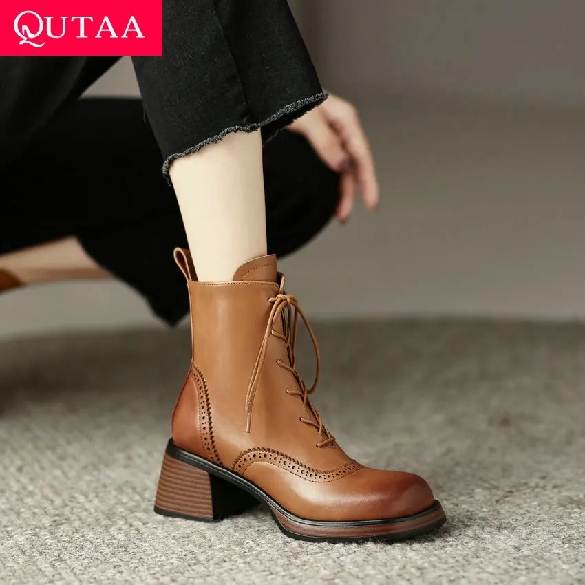 

QUTAA 2023 Women Ankle Boots Autumn Winter Working Casual Med Heels Platforms Genuine Leather Lace-Up Shoes Woman Size 34-39
