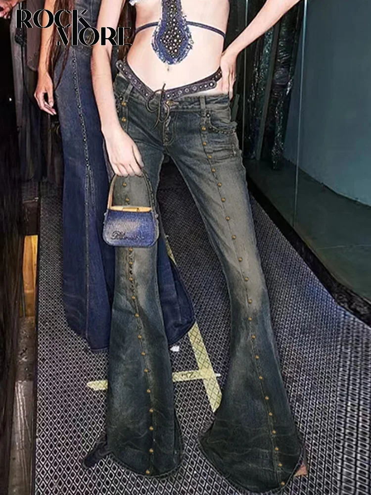 

Chic Rivet Low Rise Jeans Women Y2K Aesthetic Slim Flare Pants Street Fashion Tech Retro Grunge Fairycore Denim Trouser