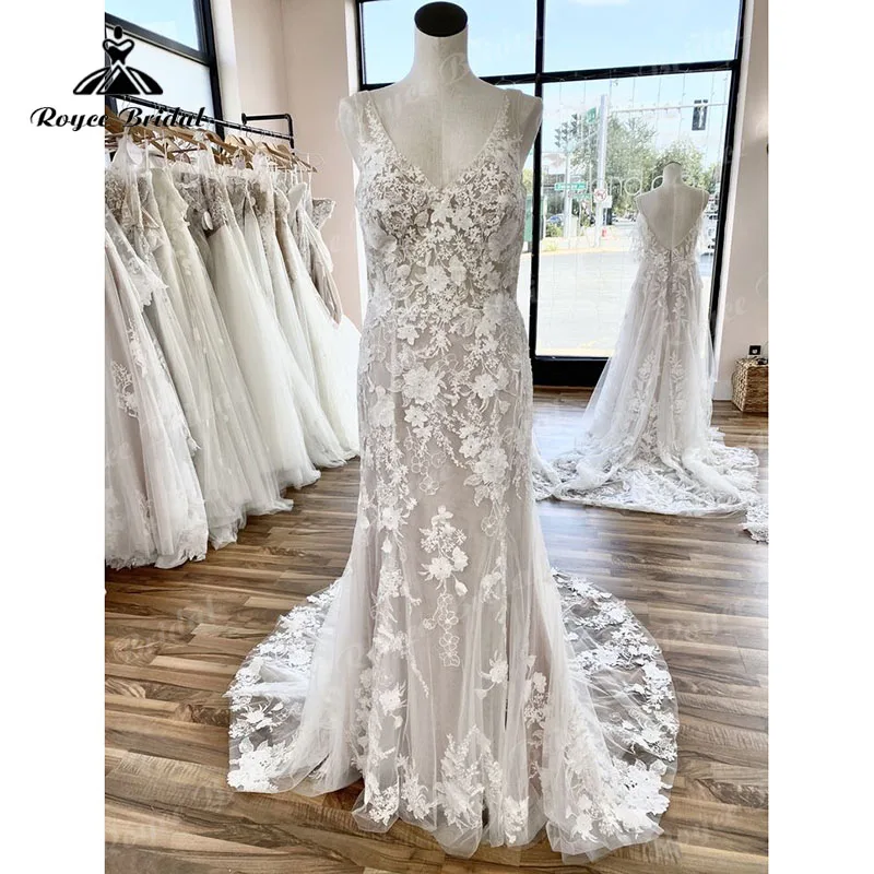 

2023 Robe Mariee Pink Mermaid Wedding Dress Floral Sleeveless Tank Lace Appliqued V Neck Backless Vestidos De novia Luxury Sexy