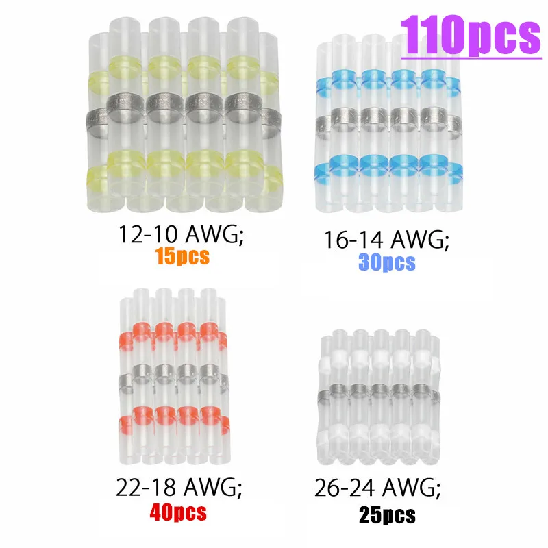 Прочные термоусадочные стыковые обжимные клеммы 110 шт., водонепроницаемые паяльные уплотнения, электрические разъемы, набор для соединения проводов и кабелей
