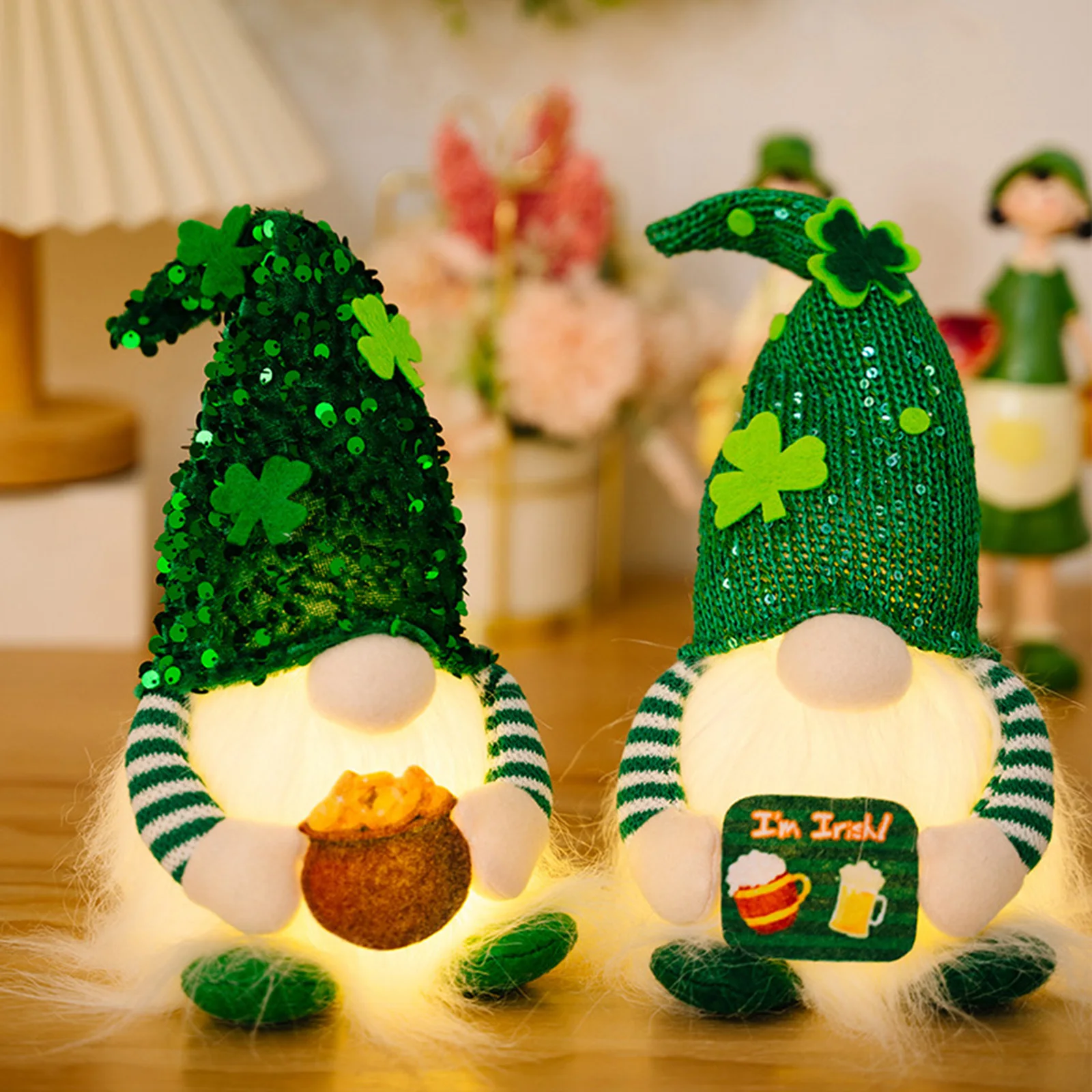 

St Patricks Day Lighted Gnome Shamrock Faceless Doll Green Clover Gnomes Irish Plush Gnome Elf Holiday Home Decorations