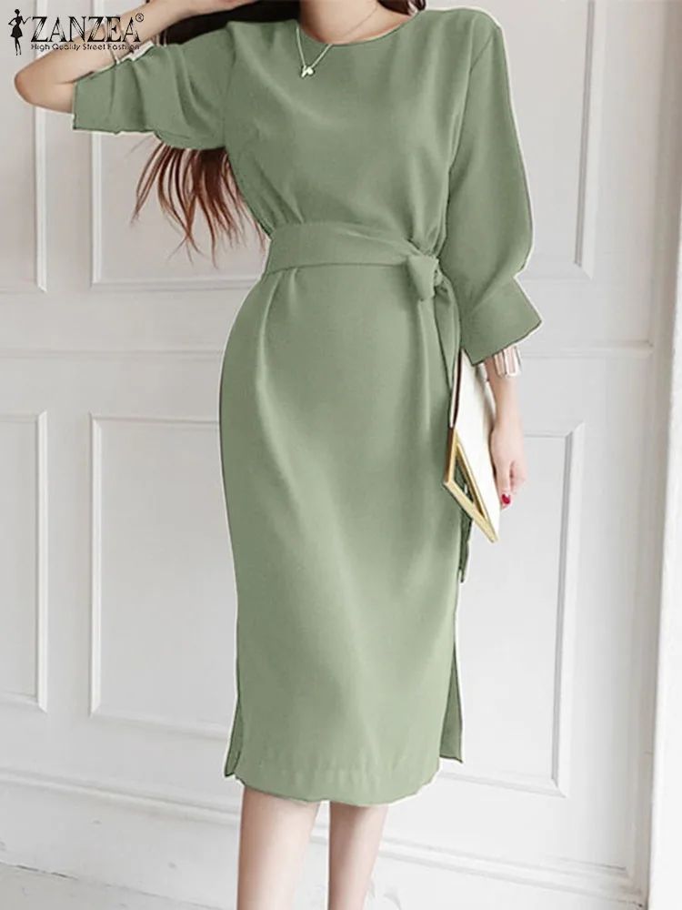 

ZANZEA Women Side Slit Party Dresses Tie Waisted Female Korean Fashion Elegant Midi Dress 3/4 Sleeve Casual Solid O-neck Vestido