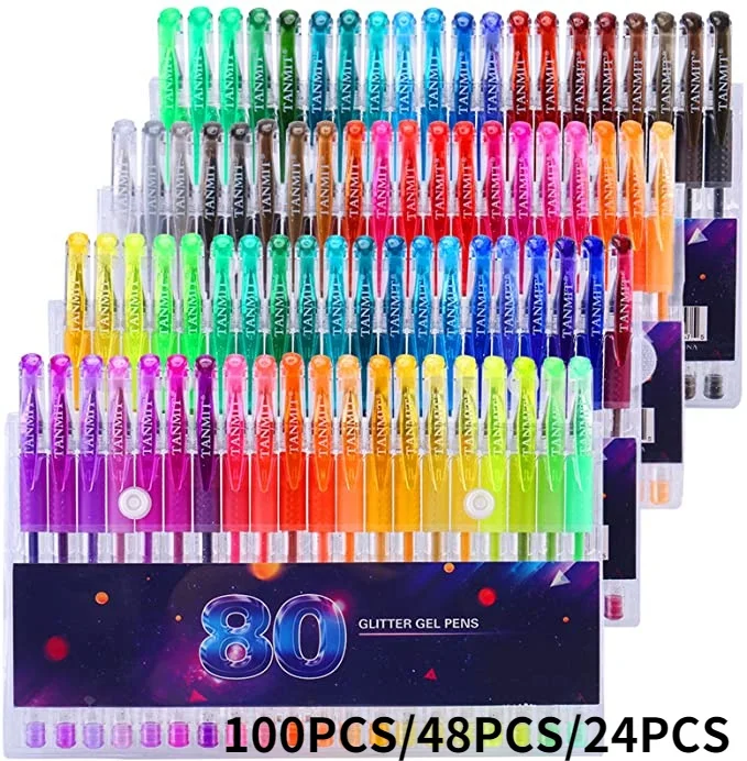 Glitter Pen, Glitter Gel Pen Set, 24/48/100 Colors Neon Marker Pens for Adult Coloring Book Doodle  DIY Greeting Card Painting