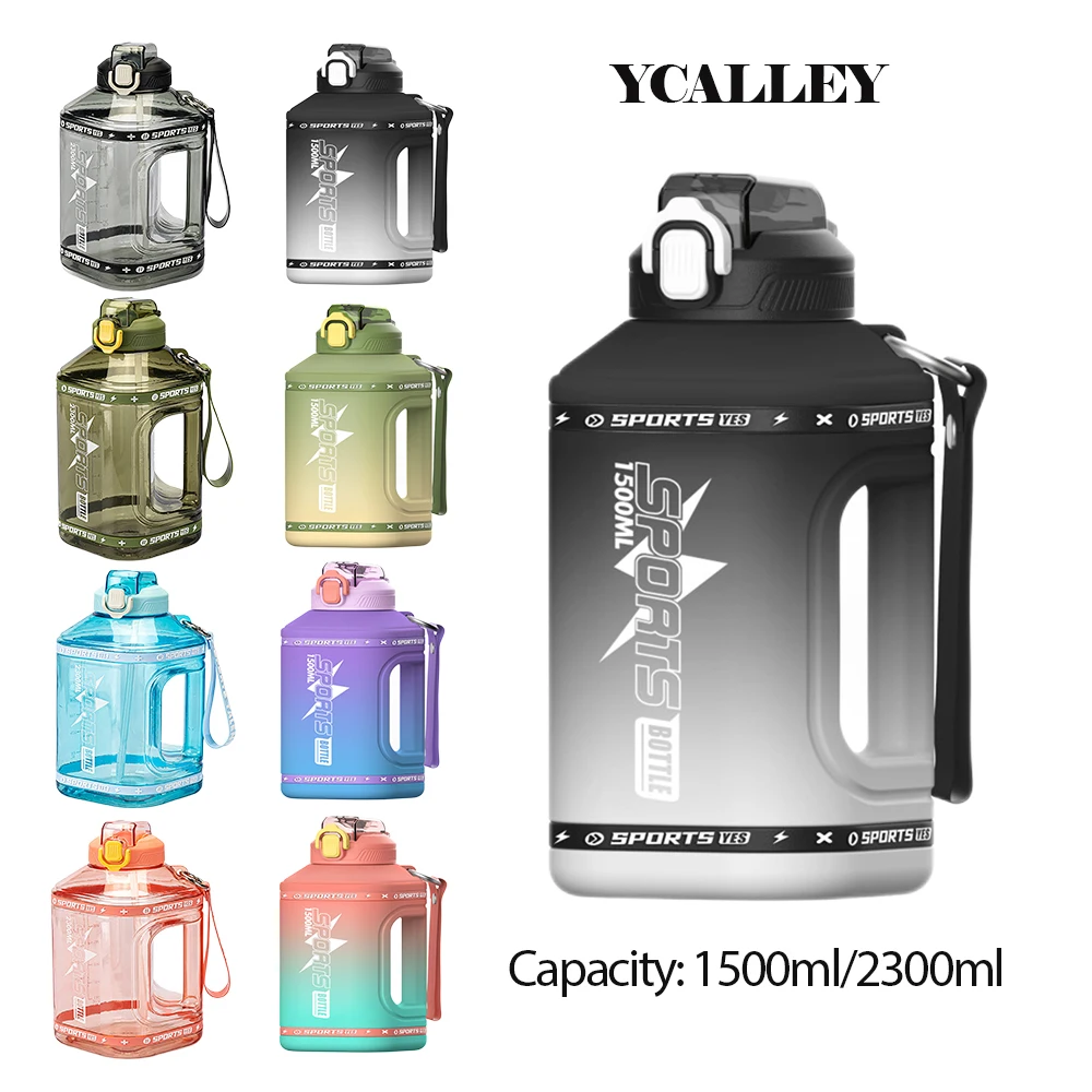 

YCALLEY Sports Water Bottle 1.5 Liters Silicone Straw Waterbottle 2.3 Liter Big Bottles Portable Travel Bottle Sport Fitness Cup