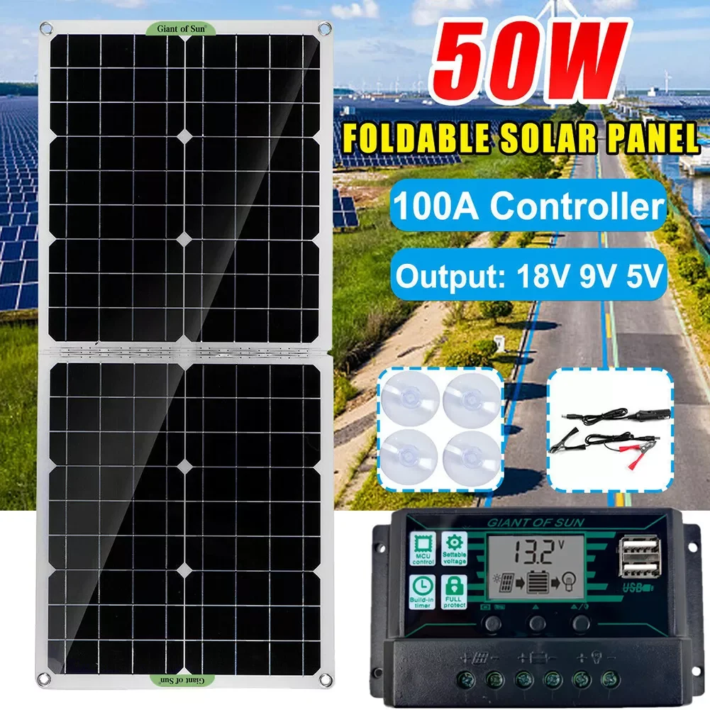 

50W 18V Foldable Solar Panel Dual USB Solar Power Bank Solar Cells Outdoor Emergency Charger with Controller For Camper Phone
