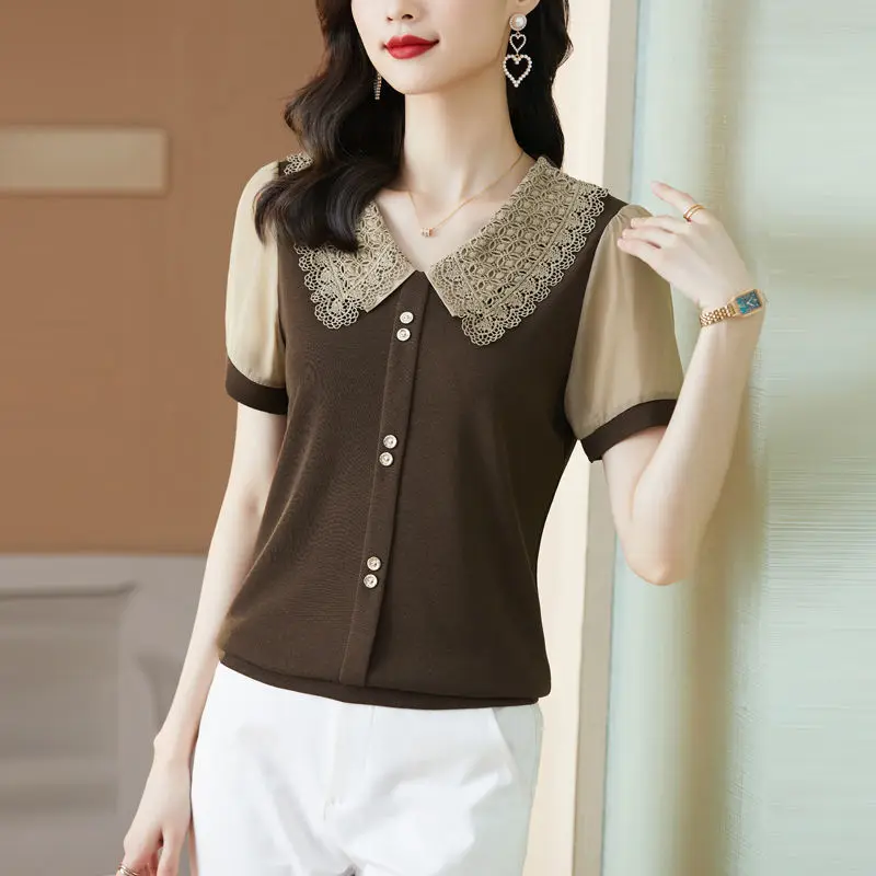 

Винтажная однотонная блузка во французском стиле, летняя элегантная кружевная блузка с воротником «Питер Пэн», женская одежда, модная рубашка в стиле пэчворк на пуговицах, Новинка