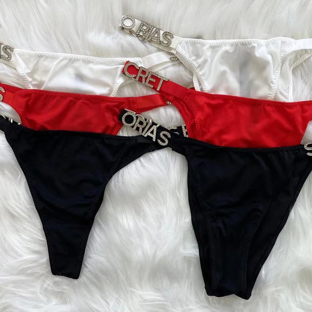 

Sexy women's panties with rhinestone letters women's thong low waist women's underwear thong two-piece set free shipping