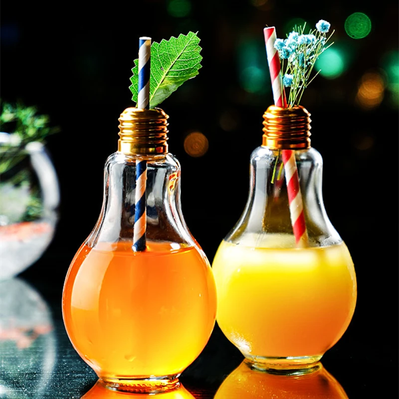 Creative Bar Lamp Bulb Cocktail Glass Portable Straw Milky Bubble Tea Cup With Lid Fashion Light Bulb Beverage Bottle Tumbler