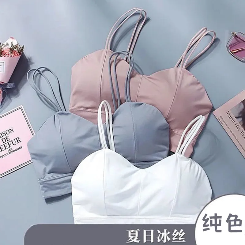 

Женский нескользящий бюстгальтер из ледяного шелка, красивый топ-труба на спине, маленький жилет для упражнений, безрукавка в стиле Ins, топ-т...