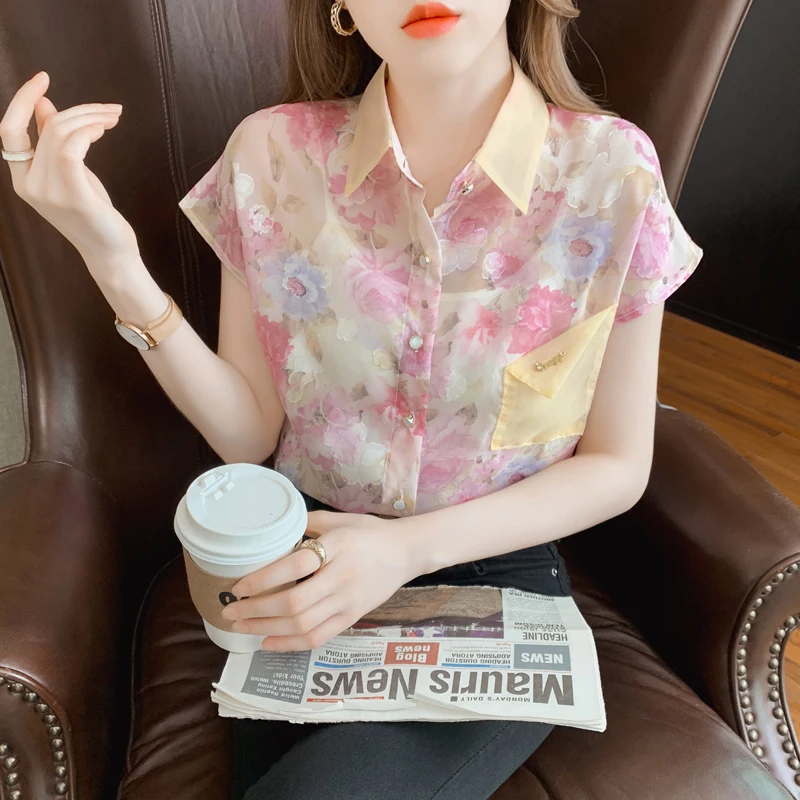 

COIGARSAM Shirt Womens Tops Summer 2022 New Fashion Short Sleeve Chiffon Thin Women Shirts Dropshipping