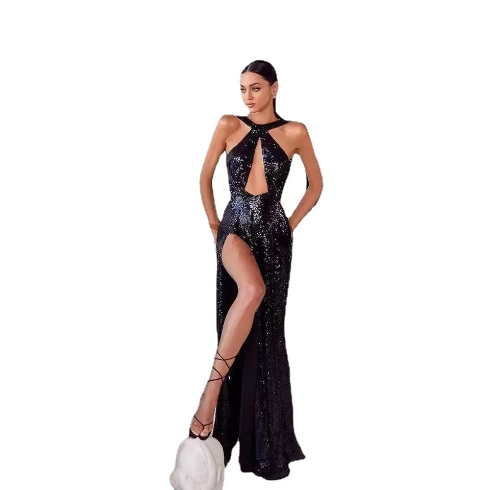 Sexy Halter Sleeveless Backless Black Evening Dress Side High Split Sequined Clubbing Party Dress Long Prom Gown robe de soirée