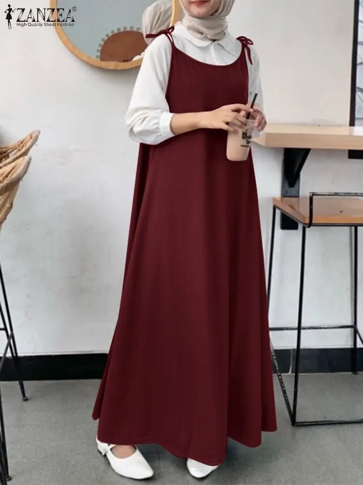 

ZANZEA женское мусульманское платье Eid Mubarek Abaya осенние модные платья на бретелях женские длинные платья повседневные платья винтажный кафтан
