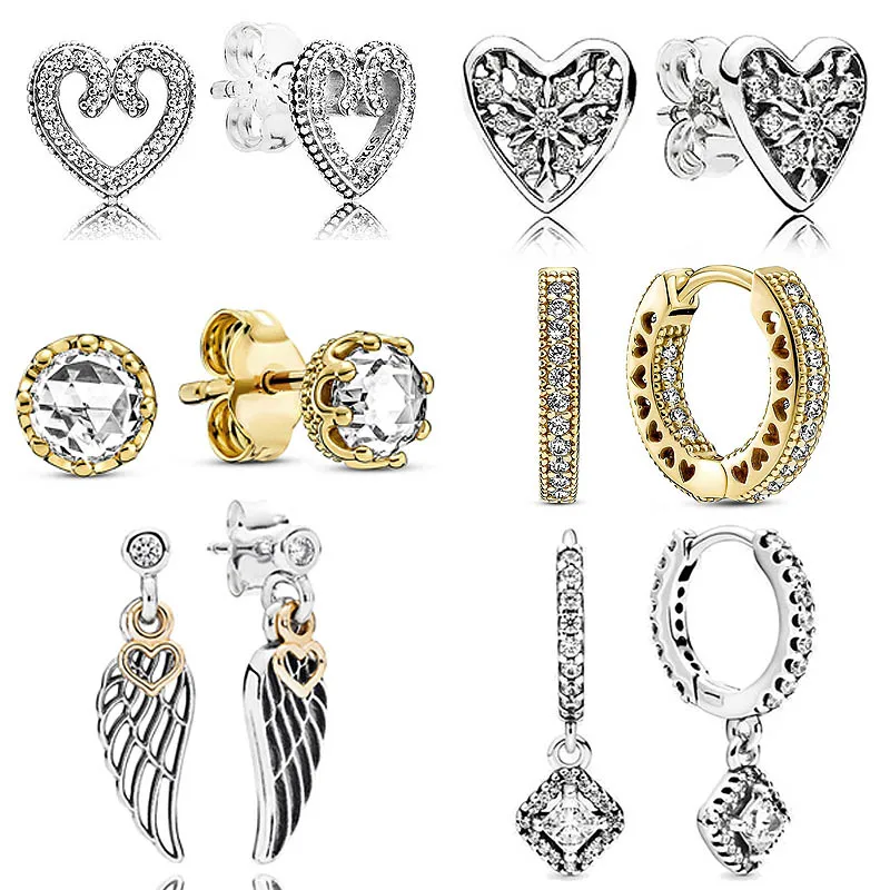 

925 Sterling Silver Earring Golden Shine Clear Sparkling Crown Pave Heart Winter Frost Hoop Earring For Women Jewelry