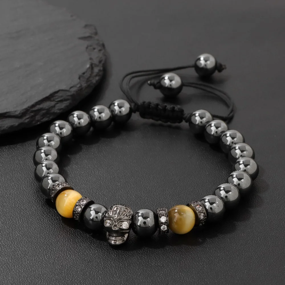 Винтажный браслет с бусинами из гематита в виде черепа для мужчин ручной работы