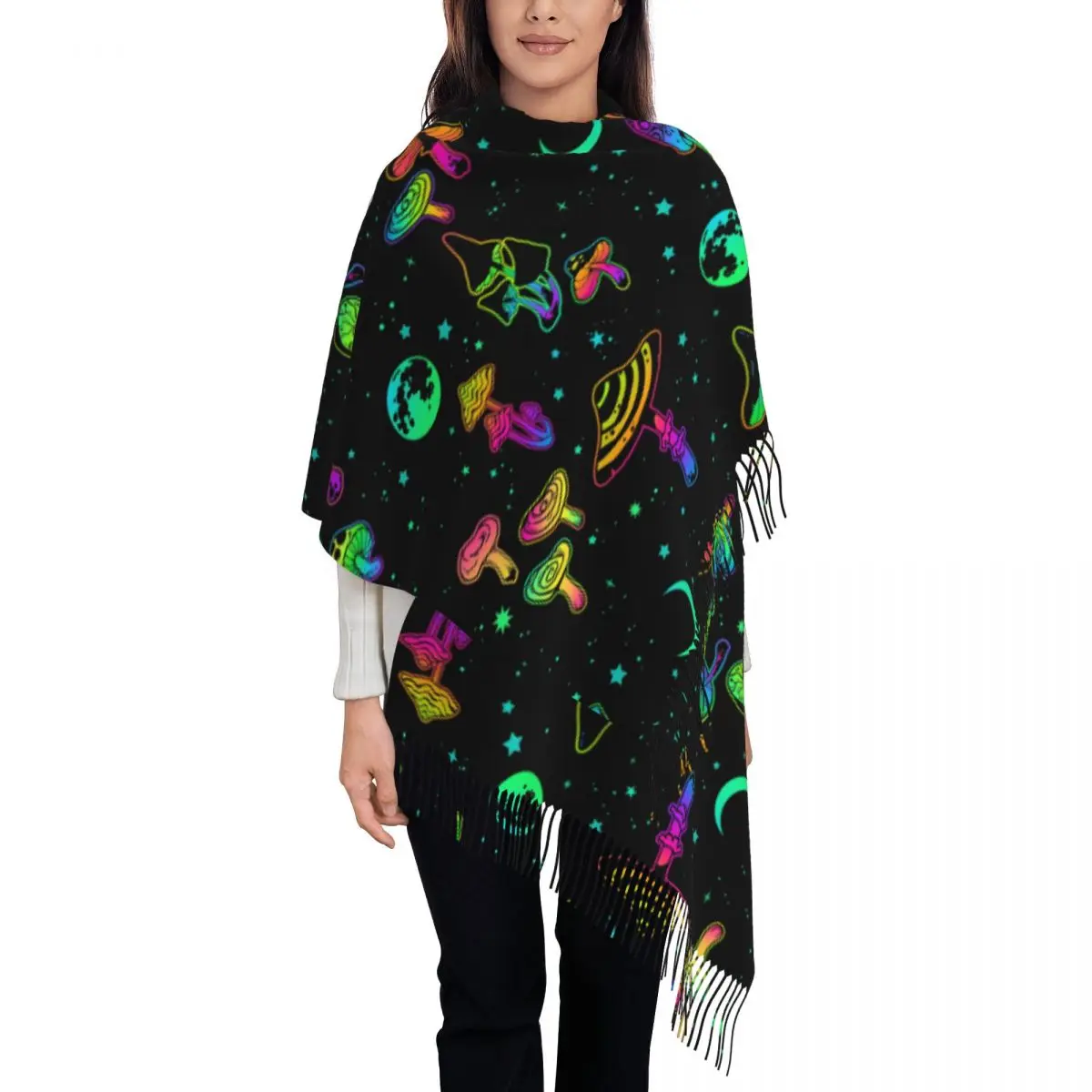 

New Women Psychedelic Mushrooms And Moons Scarf Winter Shawls Thin Wrap Lady Tassel Warm Scarf Hairy Bufanda