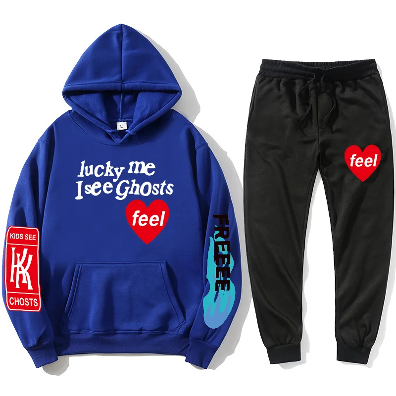 

2022 Kanye West graffiti print plus velvet sweatshirt + sweatpants male Harajuku polar fleece hip-hop stranger things hoodie set