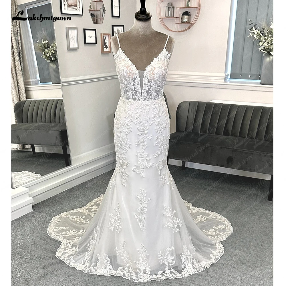 

Lakshmigown Lace Mermaid Wedding Gowns for Women 2023 Plunging Sexy Bridal Boho Wedding Dresses Cut Out Court Train