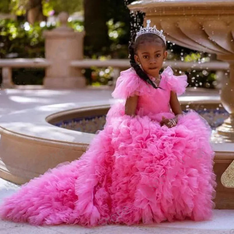 

Princess Puffy Ruffles Long Tulle Dress With Train V-neck Fully Party Gown Kids Flower Girl Dresses