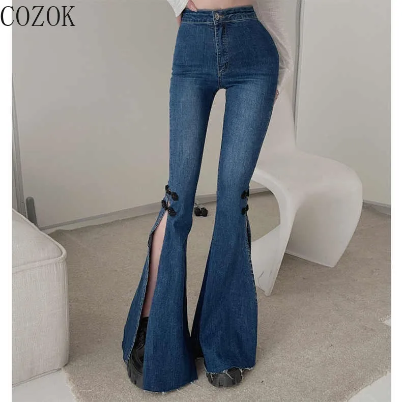 Oversized Frog Button Bell-Bottom Pants Vintage High Waist Slim Elastic Slimming Loose Straight Big Long Leg Pants Women Jeans