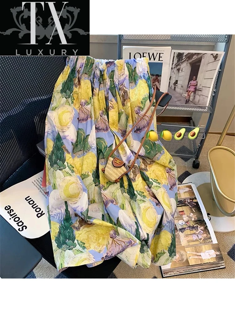 

Vintage Art Print Y2K Slim-Fit Skirts Women Casual Commuting Elegant Wild Mid Skirt Trend Party Activity A-line Jupe Summer New