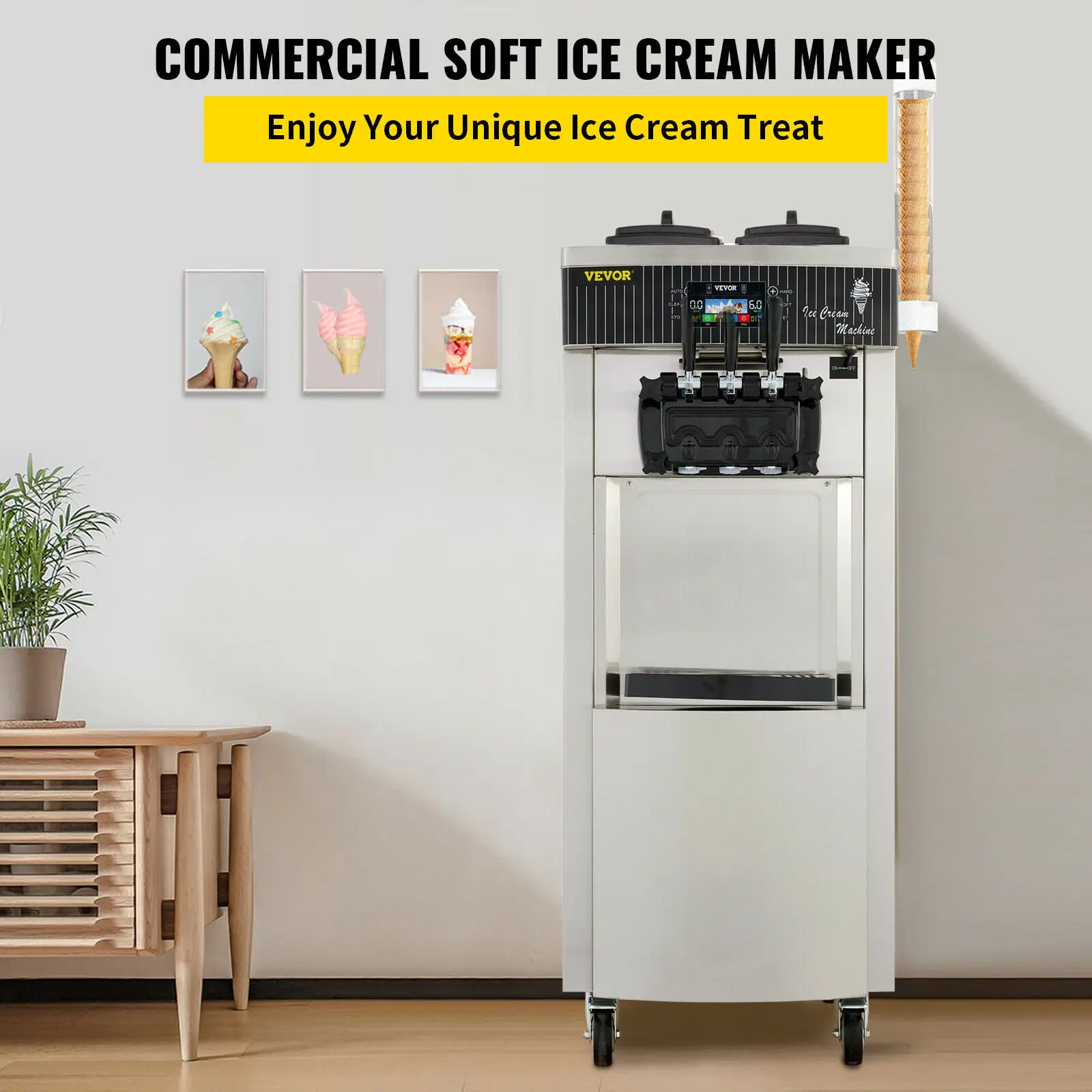 

Commercial 20-28L/H Ice Cream Machine Mix Flavor Ice Cones Maker 2200W Portable