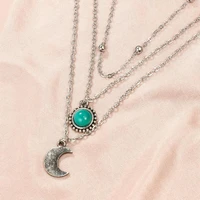 1 pc vintage women multilayer crescent moon faux turquoise chain pendant necklace jewelry perfect gift for female friends