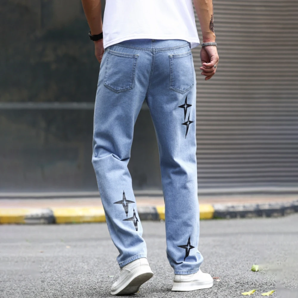 Print Star Pants Streetwear Baggy Men Jeans Korean Fashion Loose Straight Male High Street Hip Hop Japan Style Male Trousers