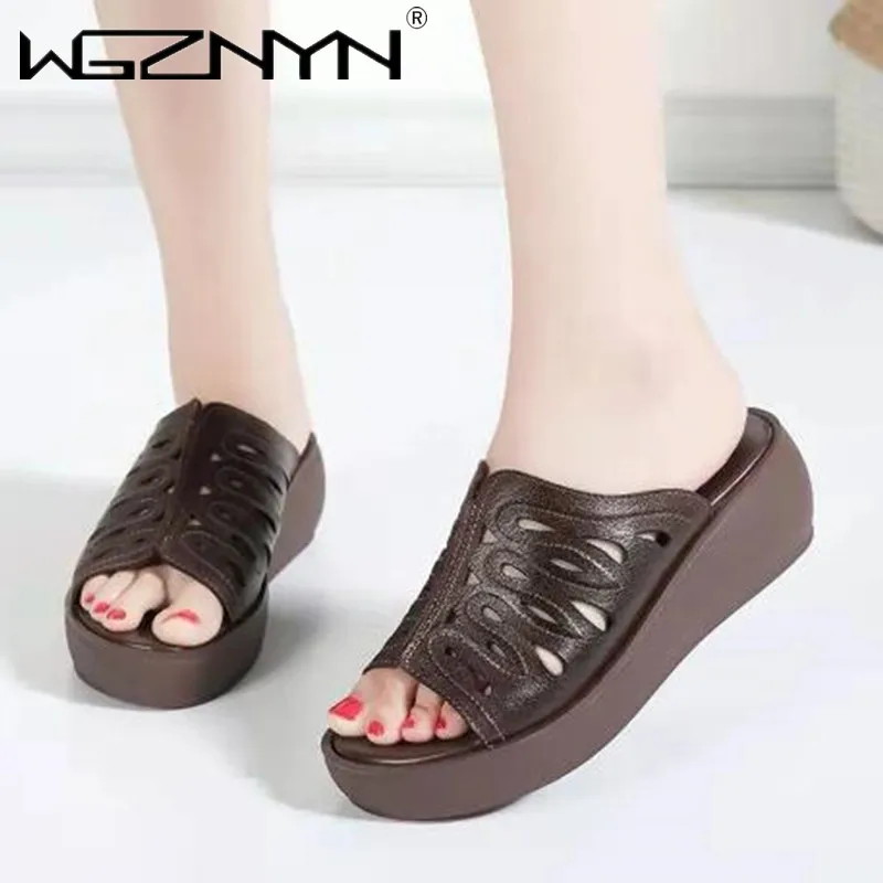 

2022 Fish Mouth High Quality Soft Leather Summer Roman Shoes Women Slippers Platform Heighten Shoes Wedges Sandals Open Toe Shoe