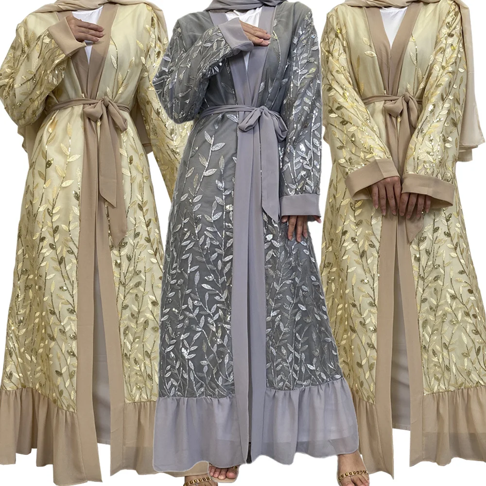 

Sequin Embroidery Open Abaya Muslim Fashion Women Eid Ramadan Cardigan Dress Dubai Kaftan Arab Robe Belted Turkish Evening Party