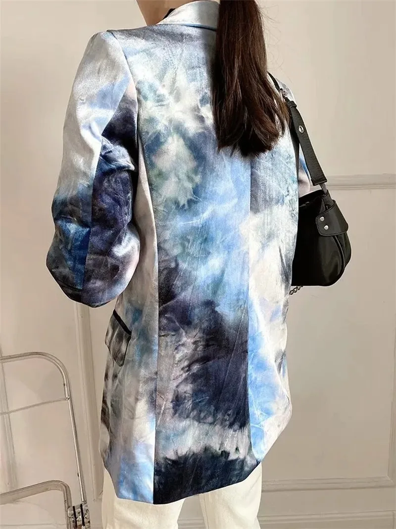 2021 Tie-dye Velvet Mid Length Blazer Suit Women Fashion Print Single Button Blazer Coats Casual Loose Commute Formal Clothing