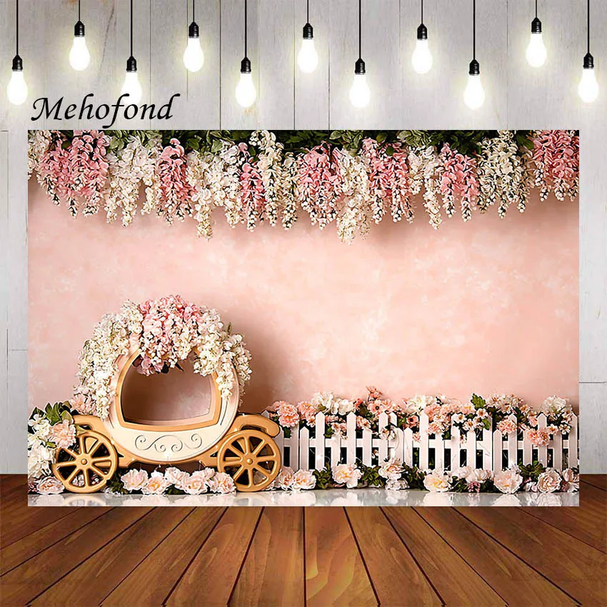 

Mehofond Photography Background Pink Flowers Carriage Princess Girl 1st Birthday Party Cake Smash Decor Backdrop Photo Studio