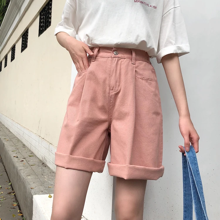 2021 Harajuku Summer Women High Waist Sweet Pink Shorts Soft Wide Leg Denim Shorts Japanese Girl All-Match Solid Casual Outfits