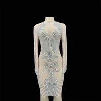 nude shining crystal rhinestones sexy women sheath dress evening party celebrate club cloth prom stage singer costumes