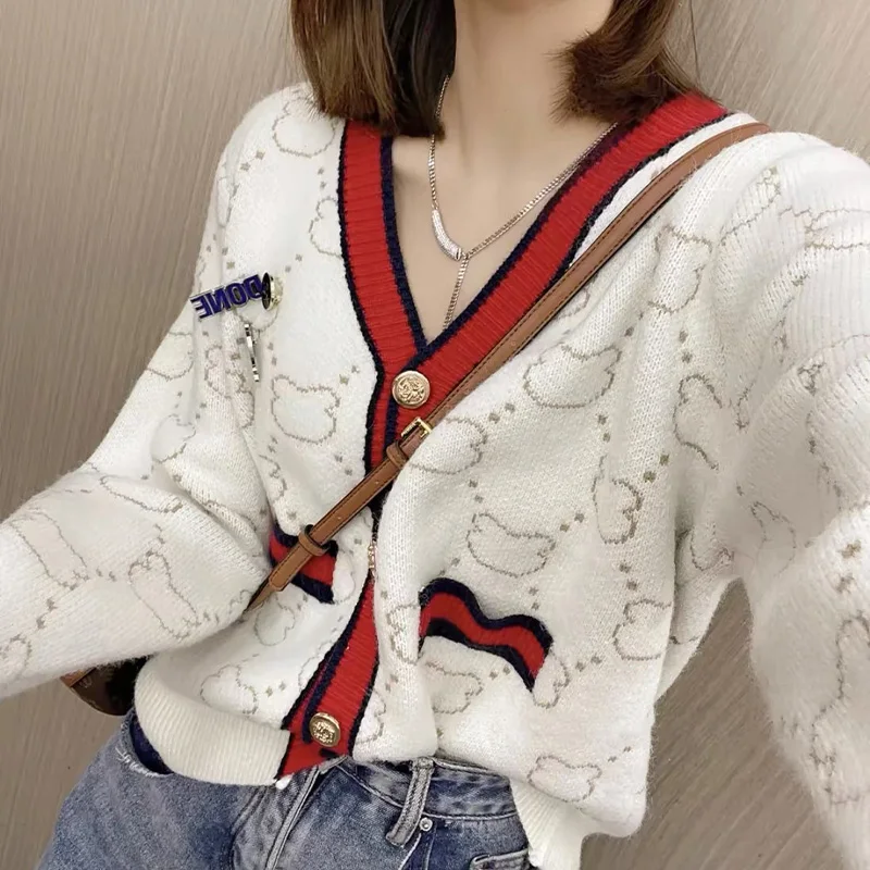 Женская одежда модные жаккардовые шикарные свитера на пуговицах с медведем