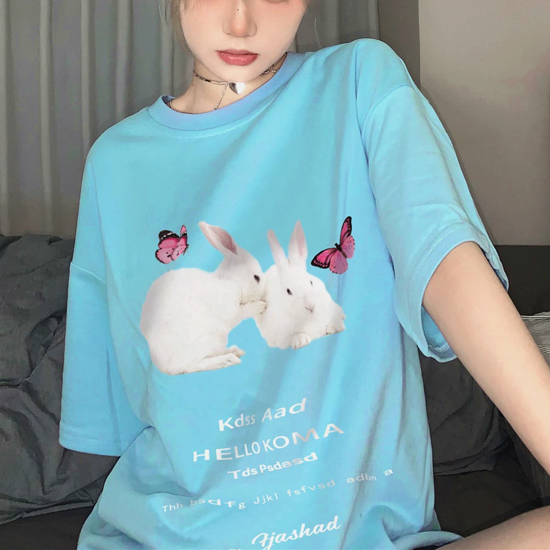 

Супер крутые синие футболки с рисунком бабочки кролика 100% чистый хлопок удобные топы большого размера кавайные парные летние большие размеры 2XL