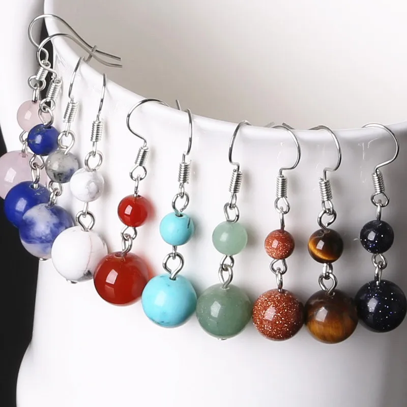 

Natural Stone Earrings for Women Fashion 6mm+8mm+10mm Tiger Eye Beads Dangle Long Earring Lava Volcanic Amethysts Agate Jewelry
