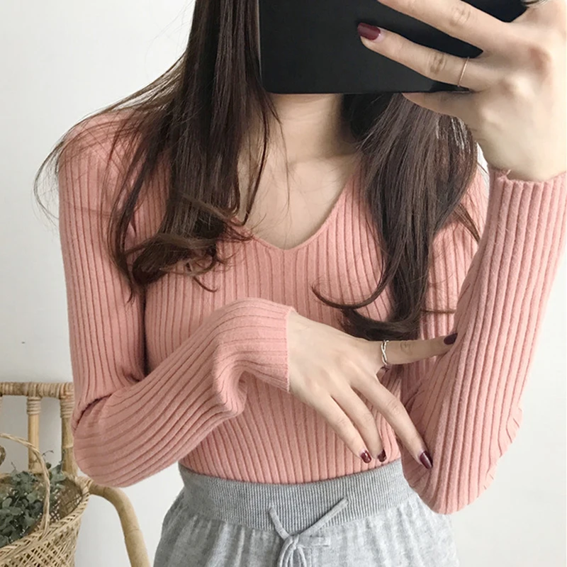 

Women V Neck Solid Sweater Basic Sweater Pullovers Female Knitted Sweater Long Sleeve Sweater Tops