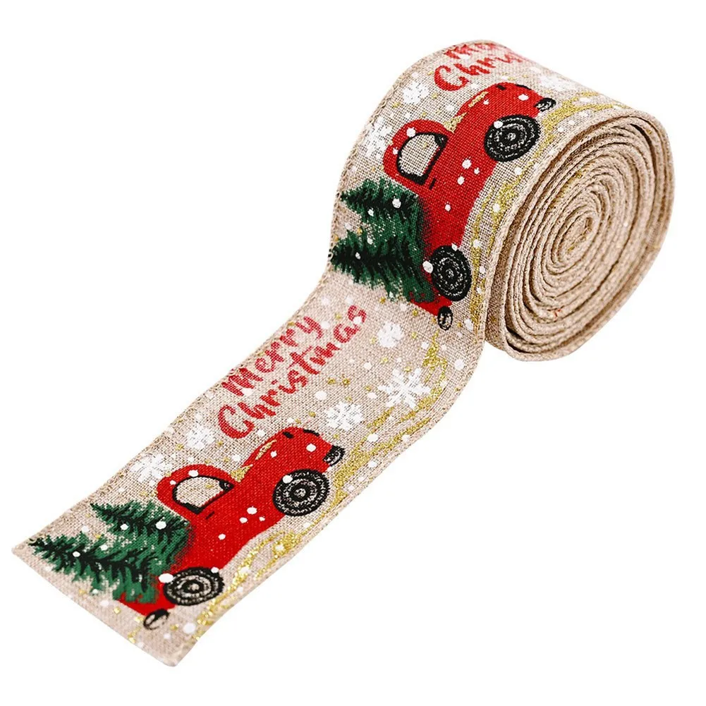 

5M Christmas Hessian Burlap Cartoon Car Printed Ribbon Gift Wreath Tree Decoration Crafts Red Hemp Xmas Party DIY Bows