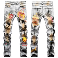 ins american style street punk hip hop smile personality print tie dried hand made graffiti stretch slim fit skinny jeans male