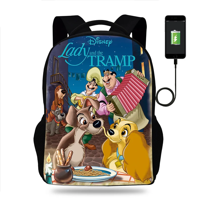 Disney Lady and the Tramp Backpack Boy Girl School Bag Teenager USB Charging Daily Travel Backpack Student Schoolbags Mochila