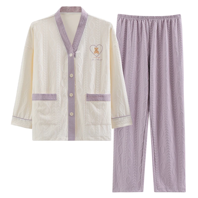 

Plus Size Women's Pajamas Set Knitted Cotton Drop Shoulder Patch Pocket PJ Suit Cartoon Print Sleepwear Lougewear Homewear