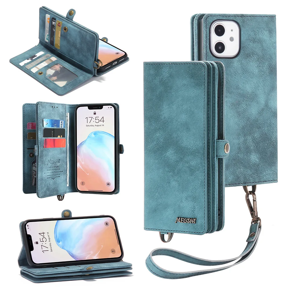 

Leather Case for iPhone14 13 Pro Max Plus Phone Case with Lanyard for iPhone11 Pro XSMAX XR Magnetic Separation Protective Cover