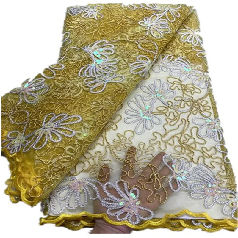 

2023 высокое качество 5 ярдов нигерийская французская вышивка сетчатая ткань африканские блестки кружевная ткань для свадебного платья FYU135