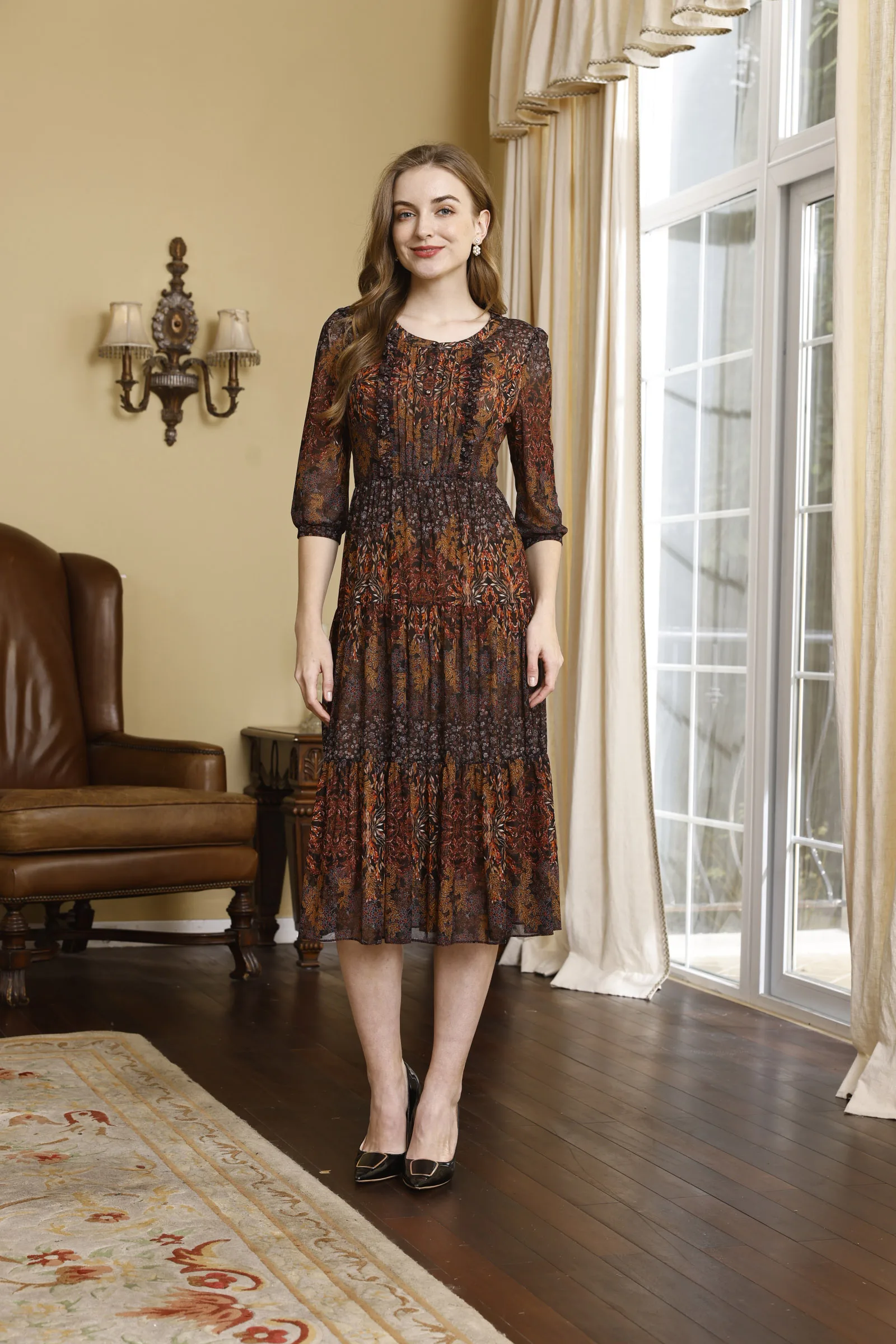 

Casual Luxury Elegant Smart O-neck Three Quarter sleeves Print Long Dresses