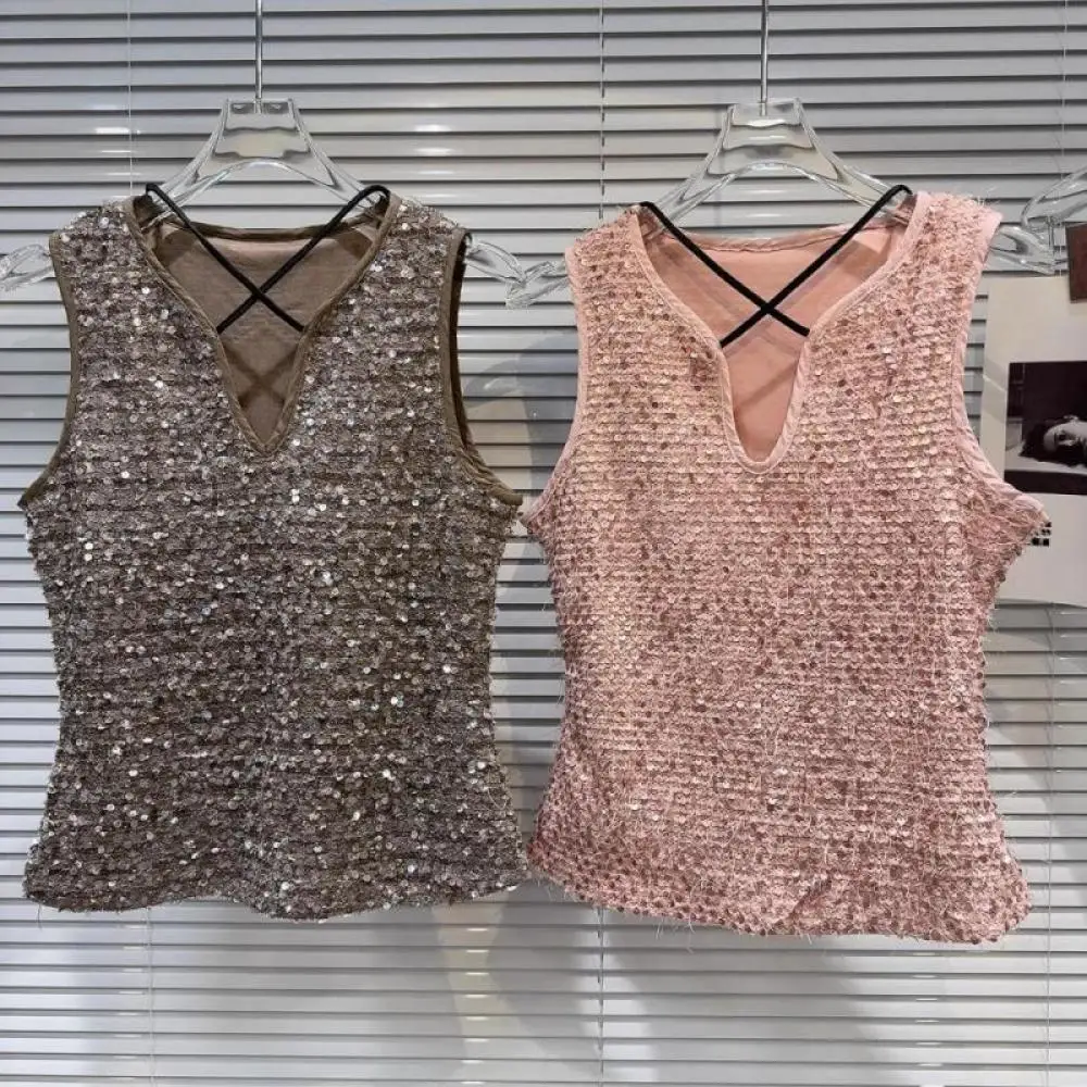 Женский облегающий Топ без рукавов розовая блестящая майка с V-образным вырезом