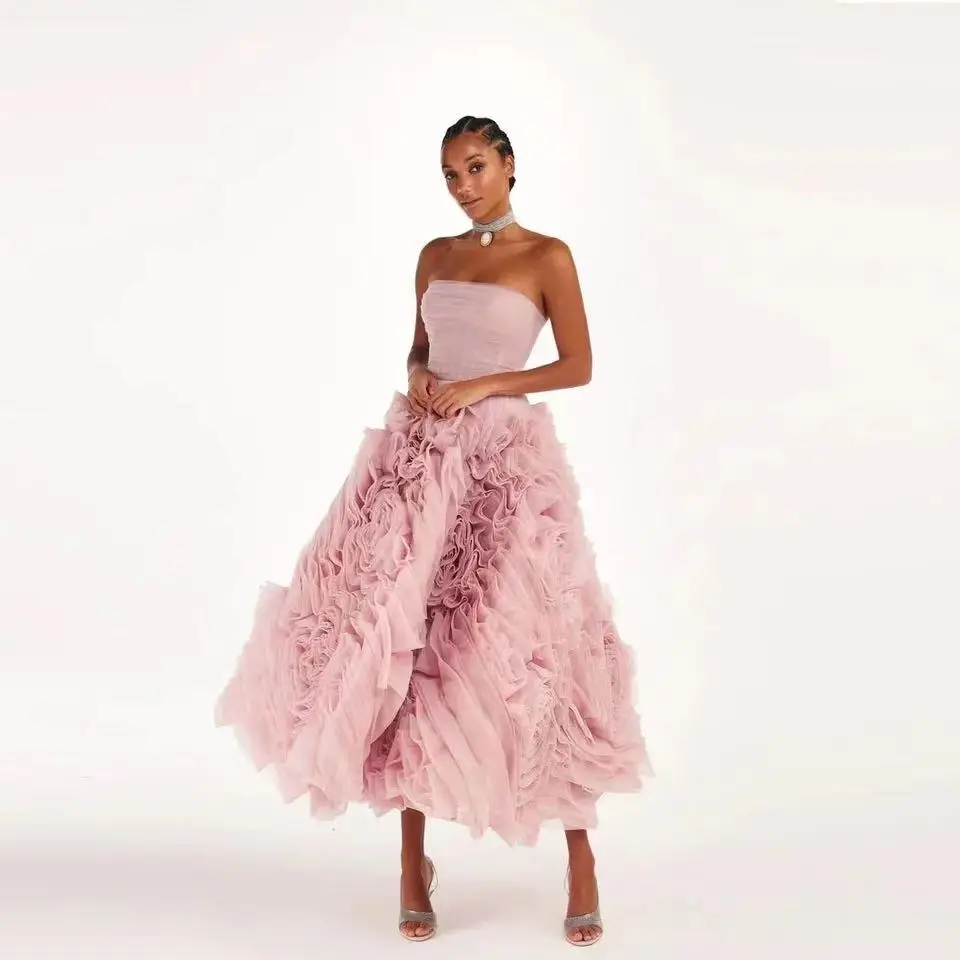 

Baby Pink Strapless A Line Prom Party Dresses Pleats Flowers Tulle Tea Length Evening Dress Backless Elegant Women Formal Gowns