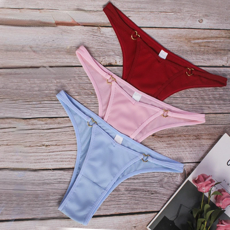 

Rib Breathable Sexy Underwear Solid Color Metal Heart Hollow Out Slips Thong Panties Fashion No Trace Low Waist Cotton for Women