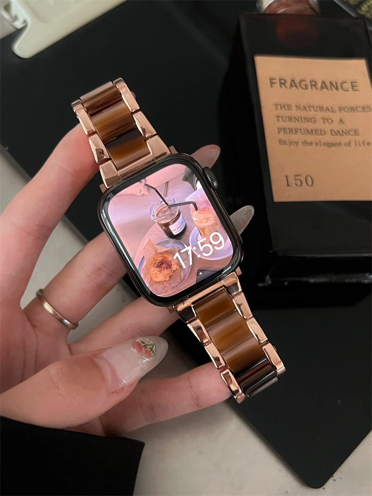 

Korea Cool Resin + Metal Strap For Apple Watch Band 41mm 45 44 40 42 38 mm Woman Girl Band For Iwatch Series 7 6 Se 5 4 3 2 Gift